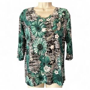 VTG Womens Liquid Knit Top Green Floral Velvet 3D Gold Details Retro T&C Fashion